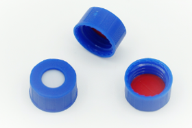 9mm ブルーオープントップスクリューキャップ、レッド PTFE / ホワイトシリコーンセプタム付き